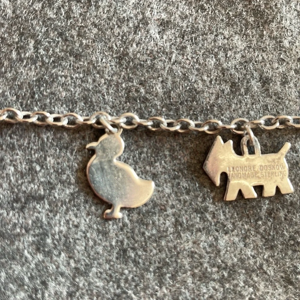 Lenore Doskow Handmade Sterling Silver Antique Charm Bracelet w Animals & Heart!